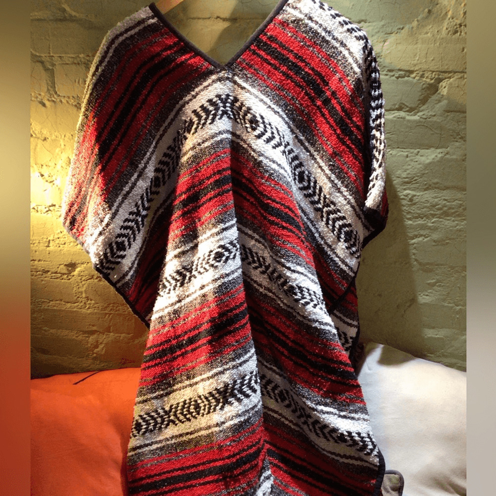 VINTAGE Women's Red and Black Striped poncho
